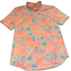 Chubbies Mens L Tiger Tropical Floral Popover Polo Shirt Peach Orange Stretch
